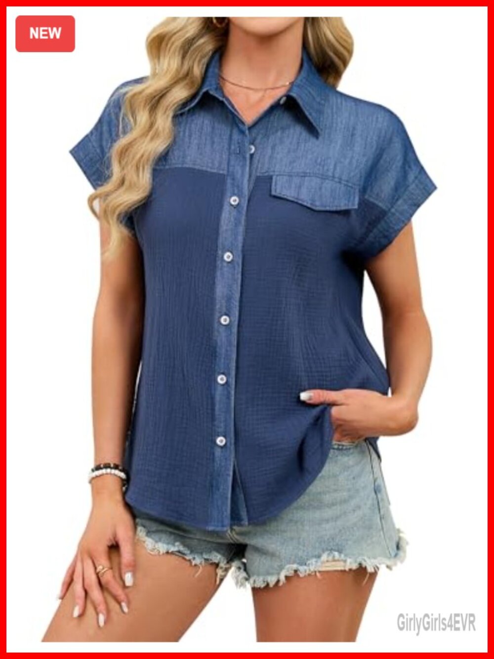 Womens Button Down Shirt Short Sleeve Collared Blouse Business Casual Work Top